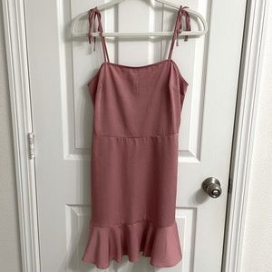 Express Tie Strap Satin Blush Pink Bow Ruffle Midi Fit and Flare Dress